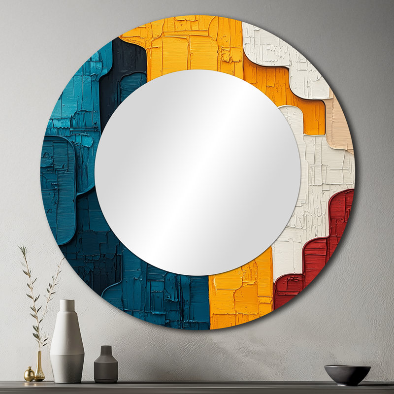 Urban Jazz transitionnel, collage bleu et jaune I - art mural miroir moderne - imprimé sur métal, 36 po x 36 po