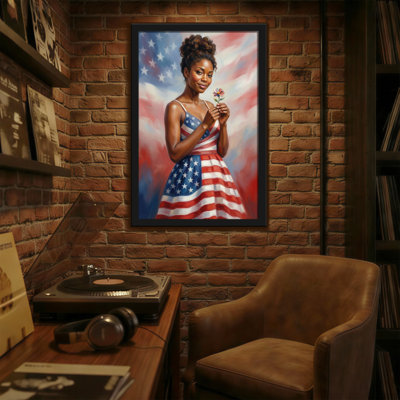 Abstract American Flag Dress Woman Holding Flower