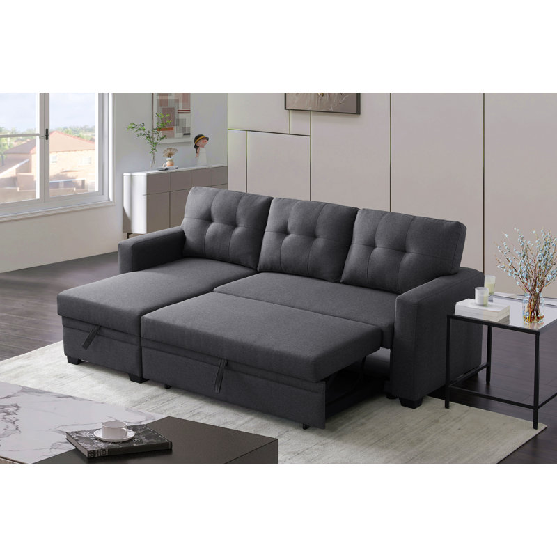 Upholstered Pull Out Sectional Sofa With Chaise, Gray Linen