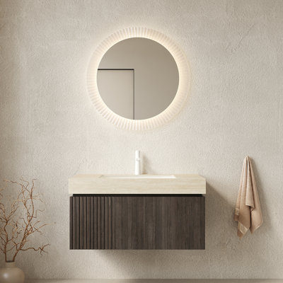 Meuble-lavabo et lavabo 36 po, armoire de rangement flottante en contreplaqué avec tiroir et porte, comptoir en pierre frittée Roma Travertine et lavabo en céramique avec 1 trou de robinet pré-percé, pré-assemblé