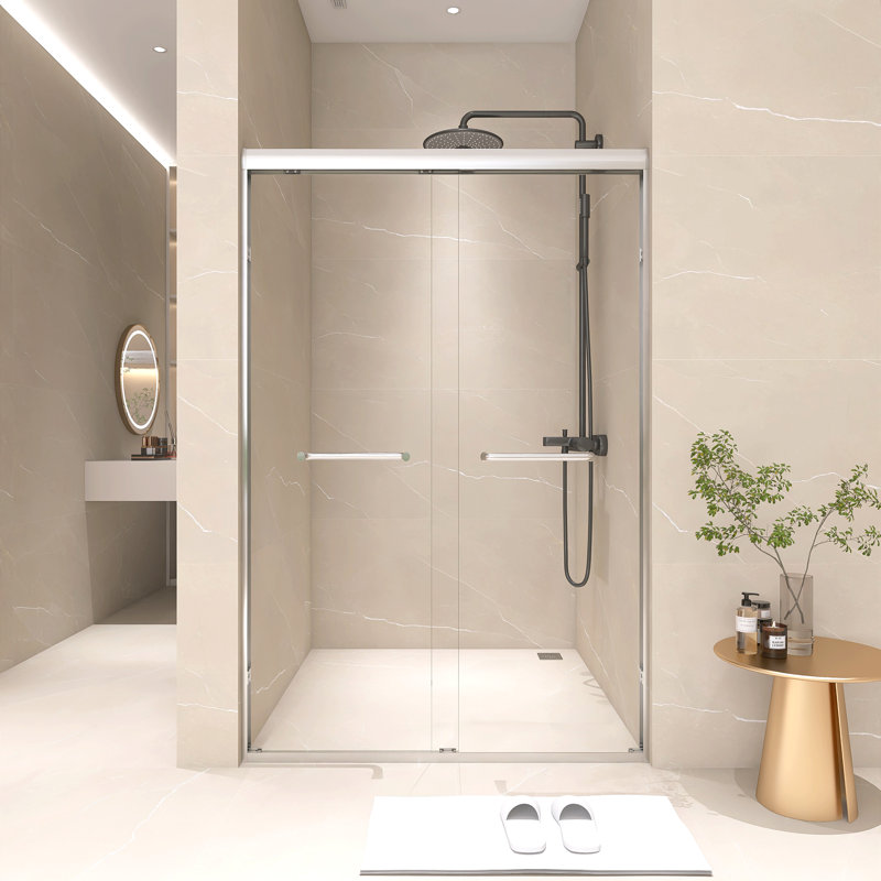 44" To 48" X 72" Aluminum Framed Double Sliding Shower Door, With 1/4" Tempered Glass, With Explosion Proof Film, Stainless Steel Handle