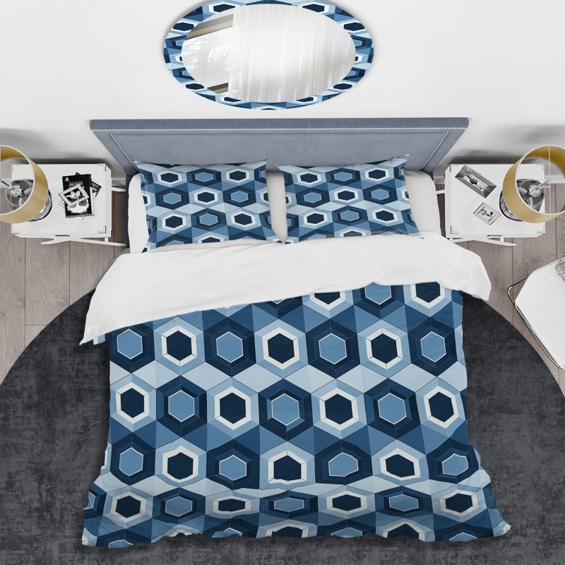 Ensemble de housse de couette moderne à motif hexagonal bleu et blanc IV, Housse de couette très grand et 2 très grandes t