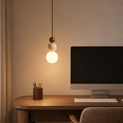 Modern 1-Light Globe Pendant Light with G9 Base, Travertine and Solid Wood Accents