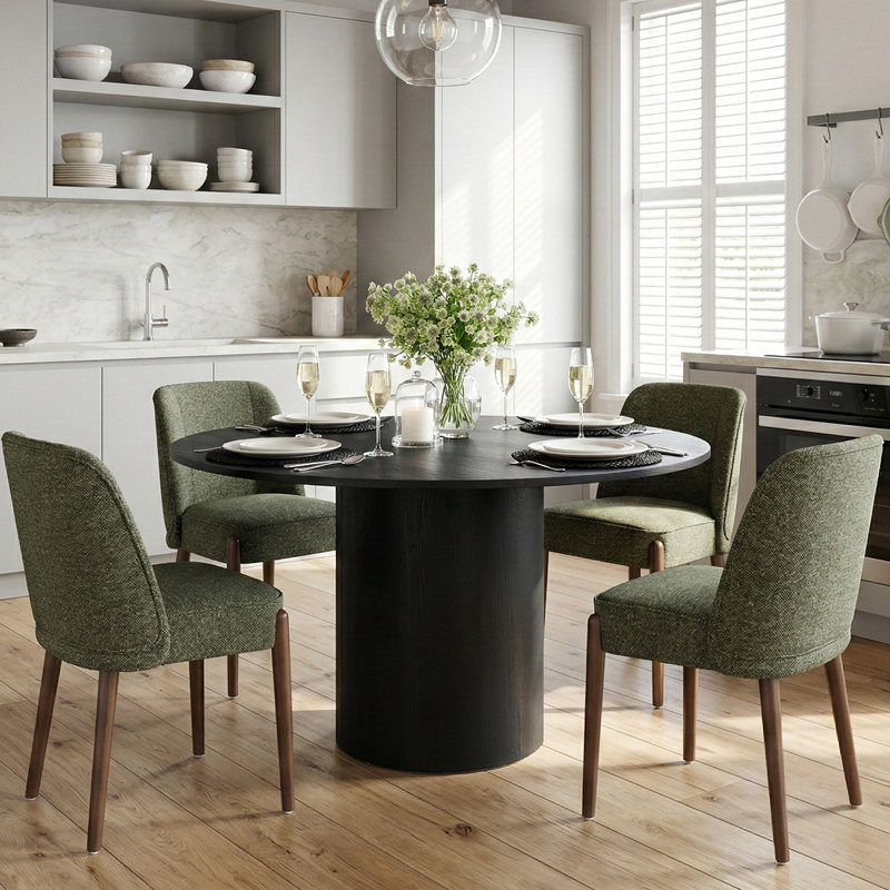 4 - Person Dining Table Sets With Round Table & 4 Upholstered Dining Chairs, Green