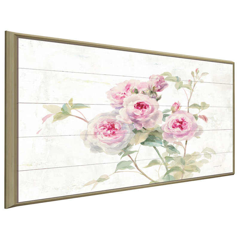 Douces roses sur bois - reproduction sur toile, H 39,5 po x l 63,5 po x P 2 po, Cadre flottant champagne