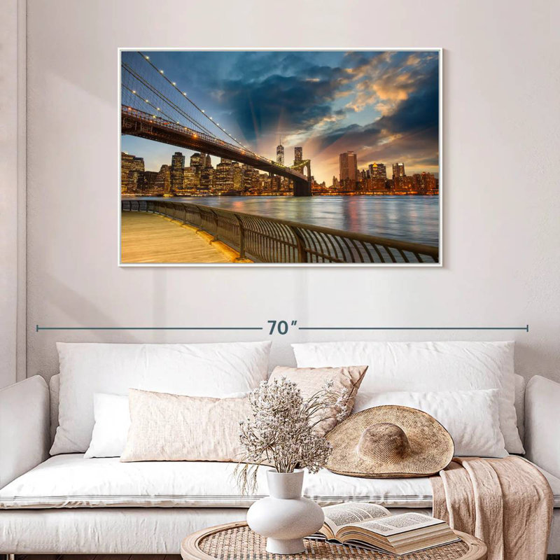 Soleil de Brooklyn Bridge, Cadre flottant blanc, 46 po x 31 po