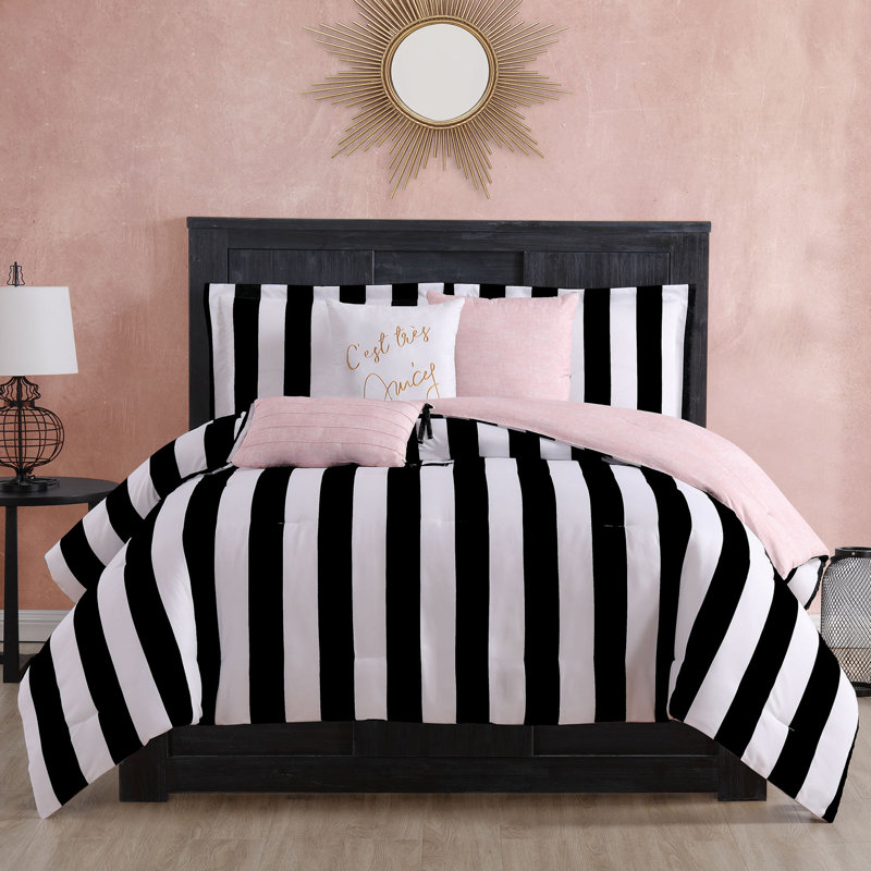 Juicy Couture Cabana Stripe Comforter Sets, Black/White, Full/Queen Comforter + 2 Shams + 3 Throw Pillows