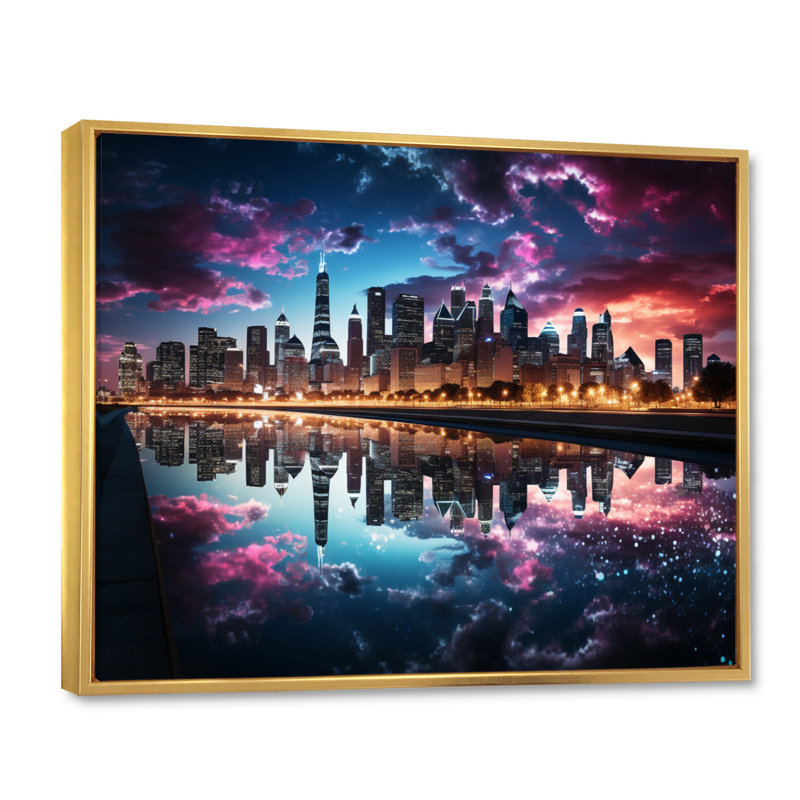 «USA Chicago Skyscrapper Reflections», reproduction sur toile, Cadre flottant doré, H 30 po x l 40 po x P 1,5 po