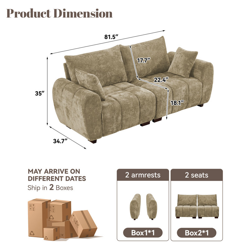 Causeuse en chenille de 81,5 po, canapé modulaire 2 places à assise profonde, accoudoirs et repose-pieds amovibles, pieds en bois massif, canapé de style Mid-Century moderne pour le salon, la chambre à coucher et l’appartement