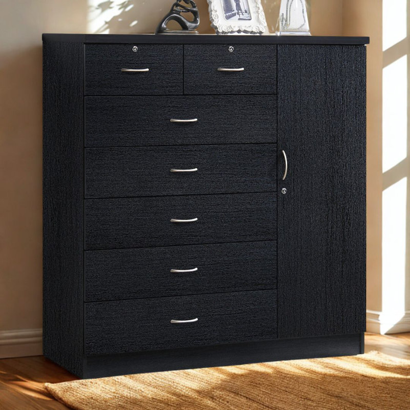 7-Drawer Dresser 47-inch Wide Wood Chest with 2-Locking Drawers, 1-Locking Door, 3-Shelves and Clothing Rod for Bedroom Storage