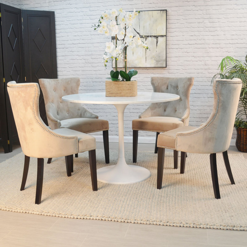 Enzo Round Marble Top Dining Table And 4 Julia Tufted Back Upholstered Chairs - White Top With Base And Linen Upholstery