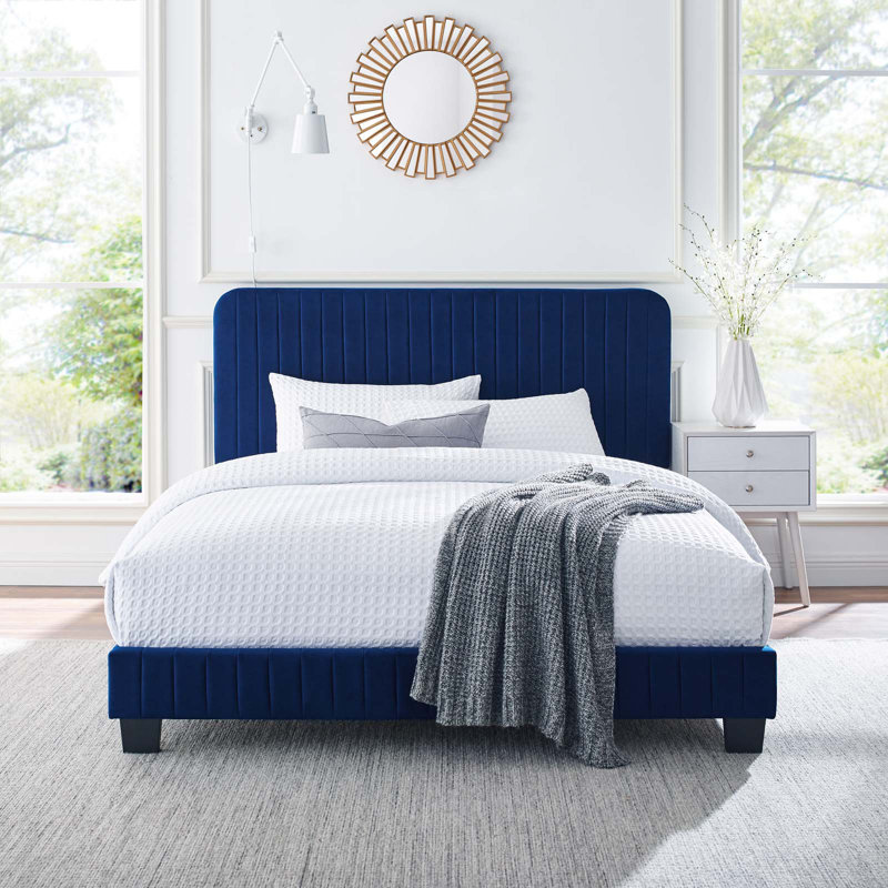 Celine Channel Tufted Performance Velvet Platform Bed, Queen, Navy