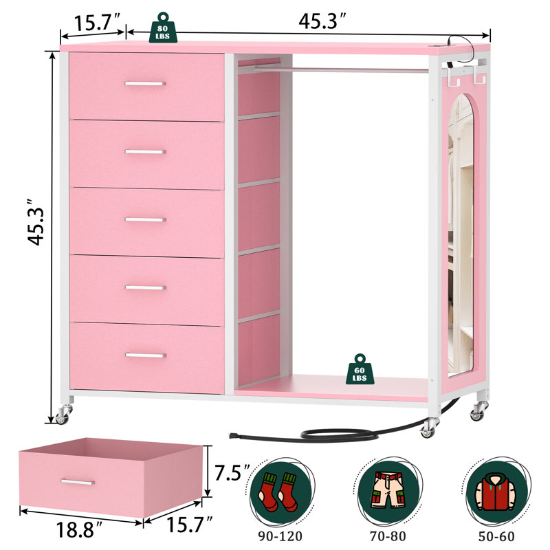 Gourley 5 Drawer LED Dresser with Mirror and Charging Station, Pink