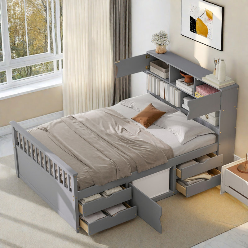 Lit plateforme double pleine grandeur avec bibliothèques de rangement et tablettes, quatre tiroirs, Gris