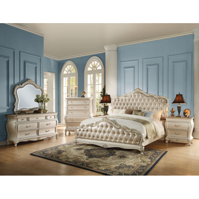 Ensemble de chambre à coucher de luxe 6 pièces Chantelle, blanc perle, sommier requis, Grand lit