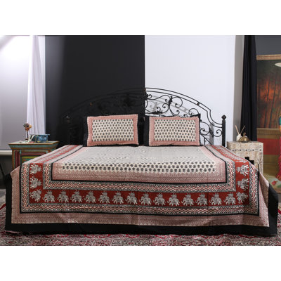Beige Jaipuri Bagru Print 100% Cotton Queen Size Bedsheet Set – Indian Butti Floral Motif, Elephant Border, 2 Pillow Covers, Traditional Handmade Bedding