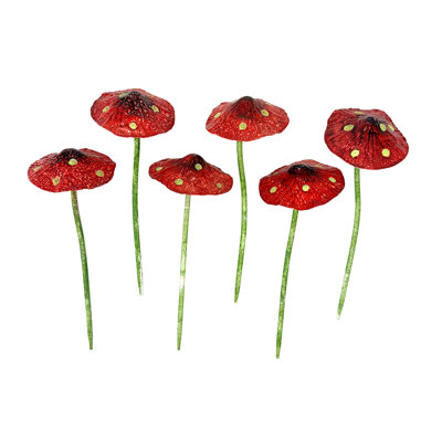 Red Metal Mushroom Stakes, Glow-in-the-Dark Spots, Set of 6, 9.5-Inch High