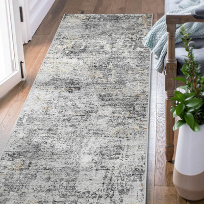 Abstract Non-Slip Machine Washable Grey Runner Rug