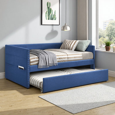 Lit de jour rembourré moderne avec lit gigogne escamotable - Lit simple avec poches latérales et garniture cloutée pour la chambre à coucher, le salon, la chambre d'amis
