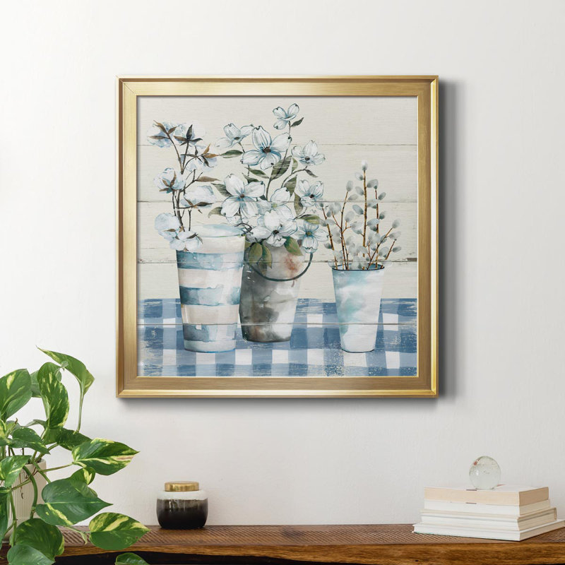 Gingham Blues - Peinture sur toile encadrée, Cadre doré, H 34,5 po x l 34,5 po x P 1,5 po
