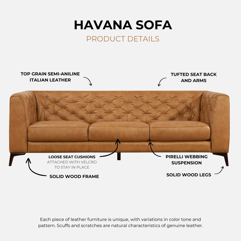 Moishe Havana 90" Mid Century Modern Tufted Genuine Leather Sofa, Tan Genuine Leather