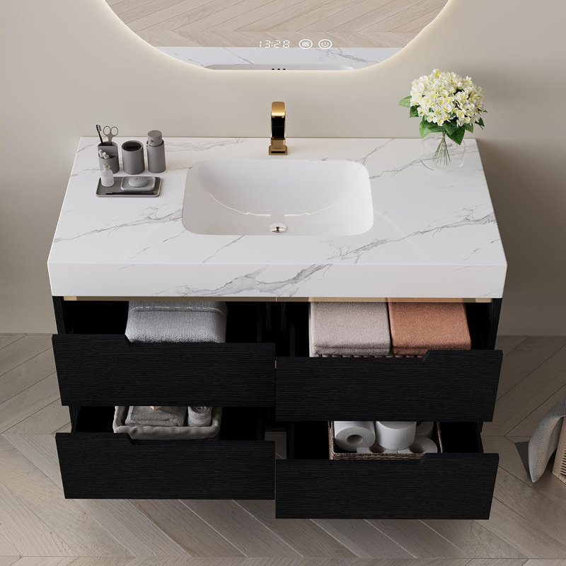 Meuble-lavabo 36 po avec lavabo en céramique - comptoir en pierre frittée, armoire en bois massif avec 4 tiroirs, fixation murale ou autoportante