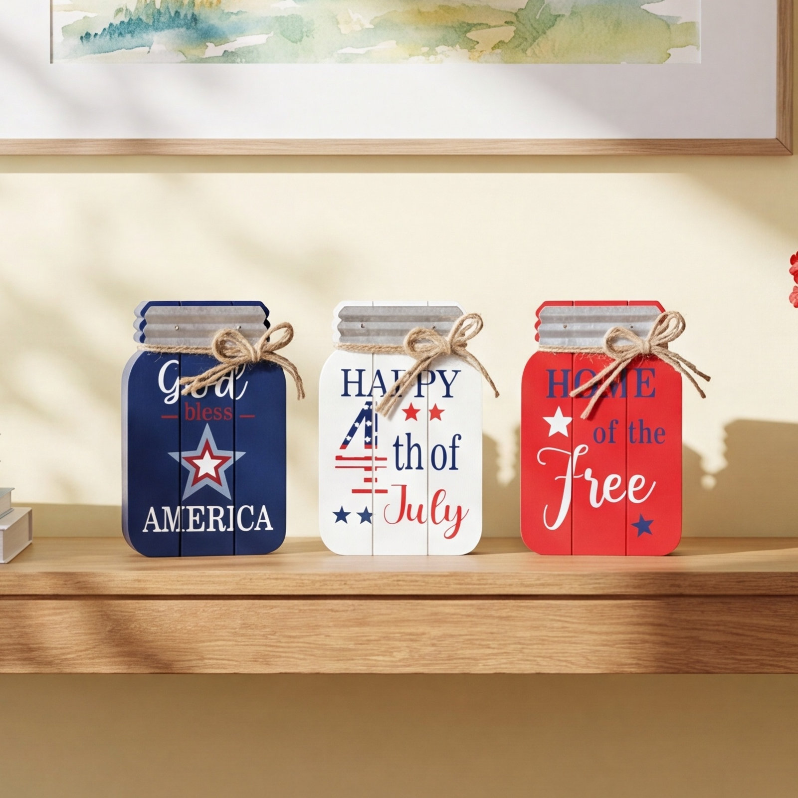 3-Piece Patriotic Wooden Mason Jar Accent Set