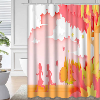 Pastel Autumn Tree Cartoon Kids Woods Shower Curtain with 12 Hooks