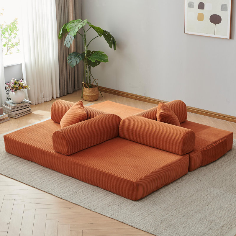 Canapé-lit futon en velours côtelé de 200 cm (78,8 po), convertible en lit de sol avec 2 oreillers et cadre fixe, orange