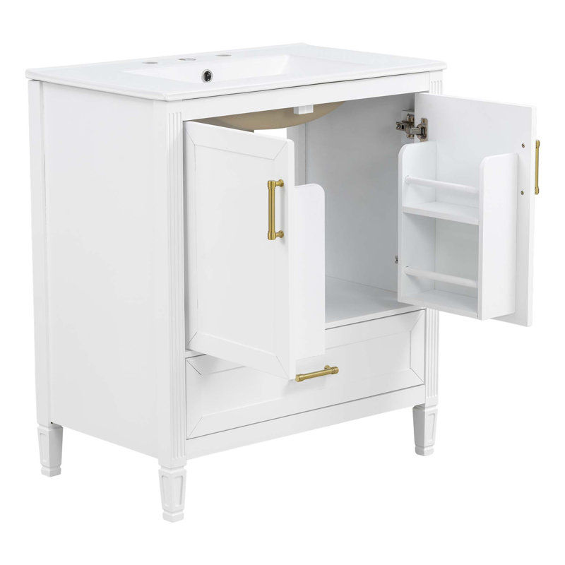 Meuble-lavabo cannelé élégant avec lavabo en céramique, Blanc