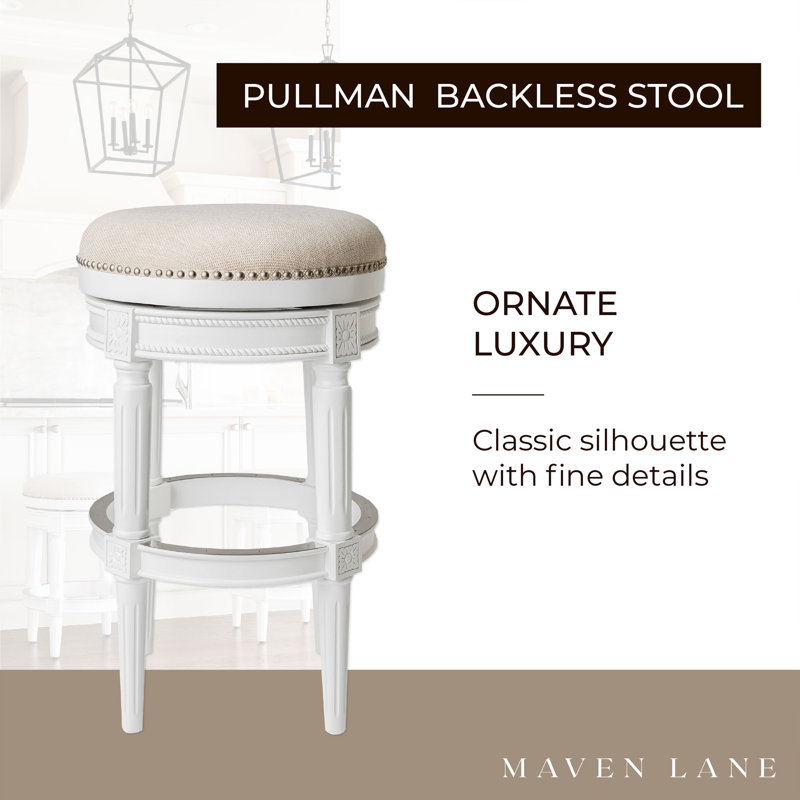 Alabaster White Swivel Backless Bar Stool with Hand-Carved Wood