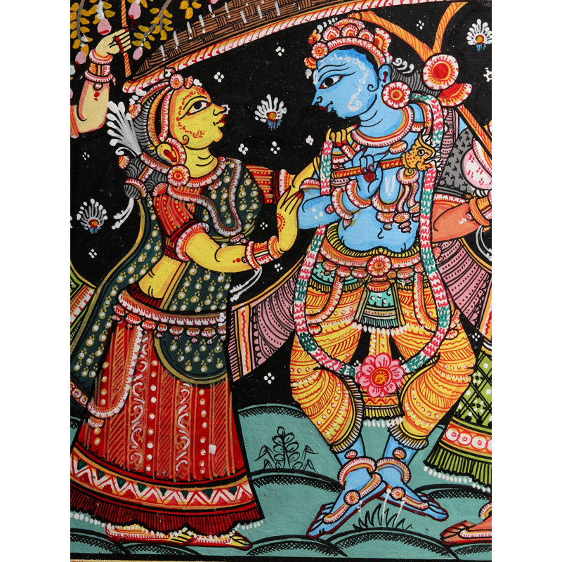 Krishna avec Gopis | Peinture Patachitra | Aquarelle sur toile faite à la main