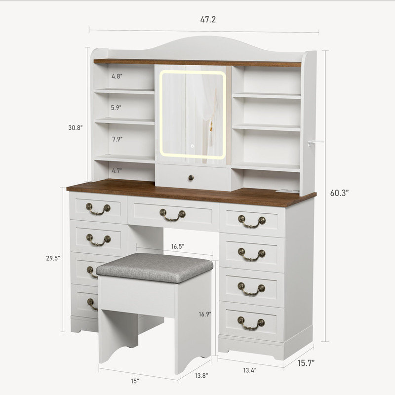 Makeup Vanity Desk with Mirror and Lights, Vanity Desk with 10 Drawers and 10 Storage Shelves, Vanity Table with Chair, 3 Colors Light Makeup Desk with Power Outlet for Bedroom Powder Room