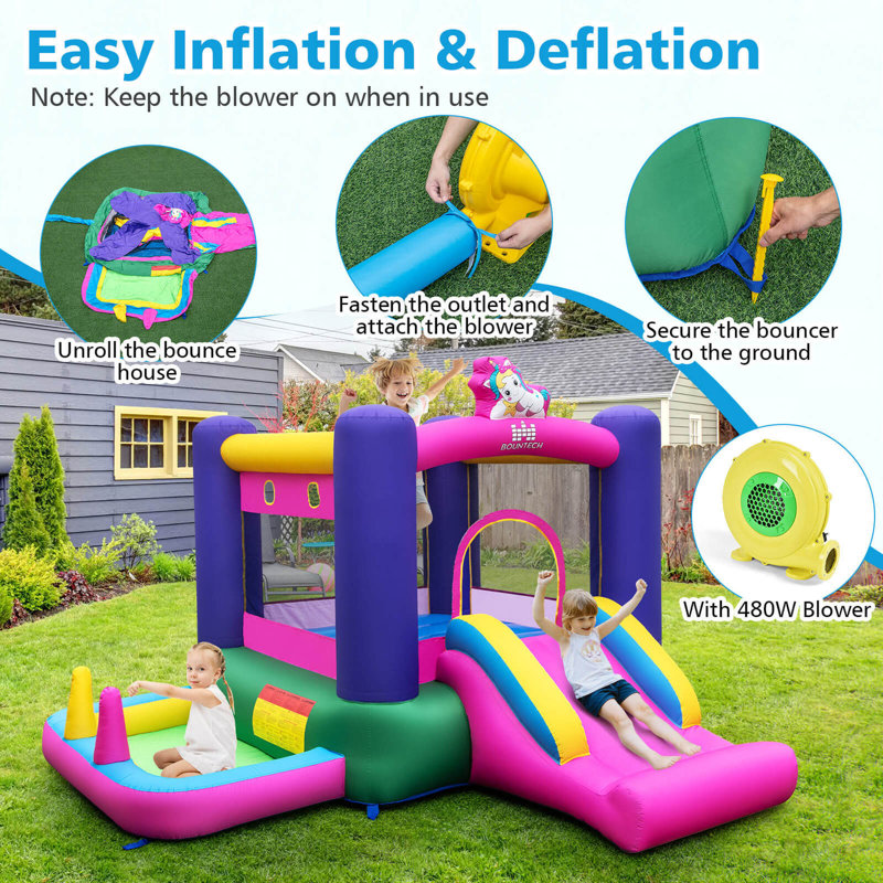  Inflatable Bounce House Kids 6-in-1 Jumping Castle With Slide Ball Pit With 480w Blower