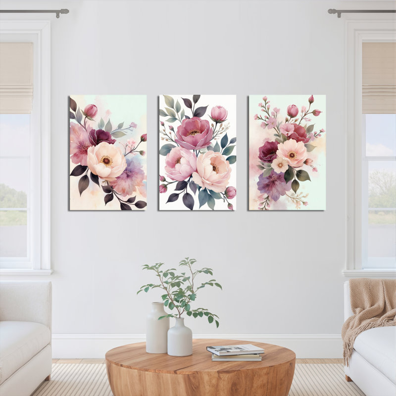 Ensemble de 3 toiles murales montées sur châssis, motif bouquet floral rose poudré, H 24 po x l 48 po