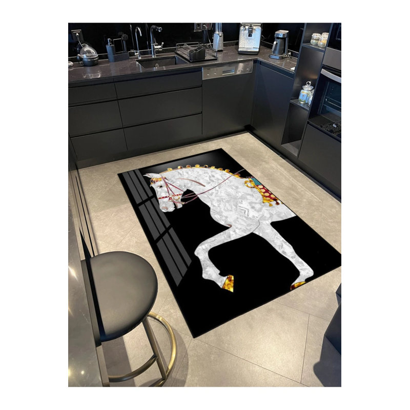 Tapis décoratif dans des tons noirs avec motif de cheval qui court, Rectangle 3 pi 4 po x 5 pi