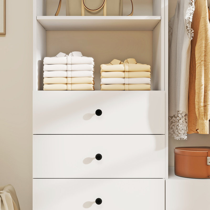 Système d'organisation modulaire blanc avec 2 tringles, 8 tablettes et 12 tiroirs