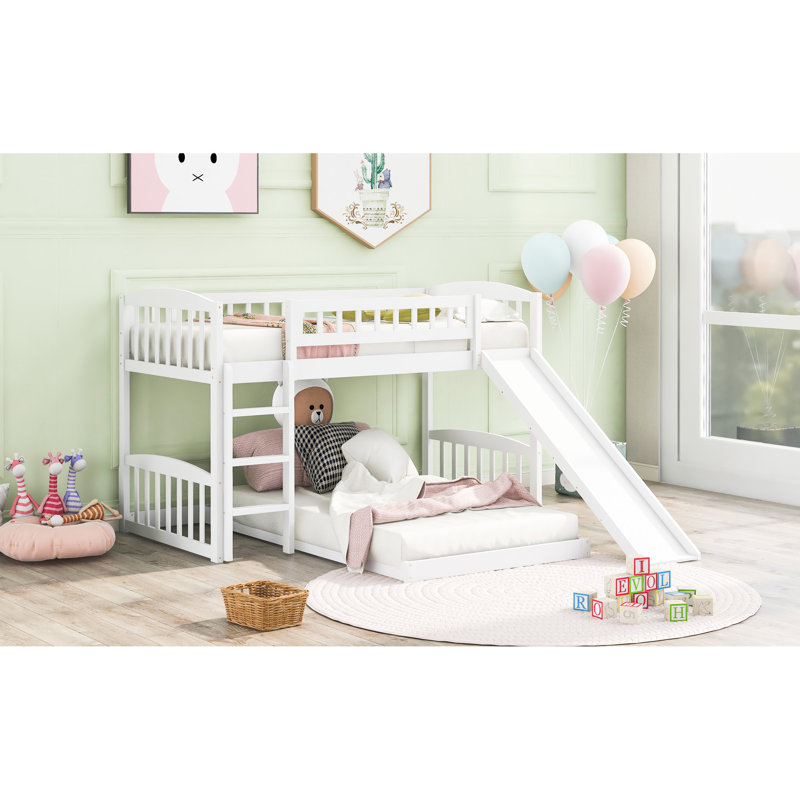Twin Over Bunk Bed In White, Equipped With Slide And Side - , Solid Pine Frame Build, Space Saving For Home, Gray Design Style, 18 Support Slats Bed, White Finish Structure, Efficient Home Bedrooms,