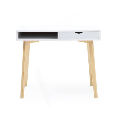 White Writing Desk with Natural Wood Legs,Multipurpose Modern Workstation Desk for Home Office, Student Study, Dorm, Small Space
