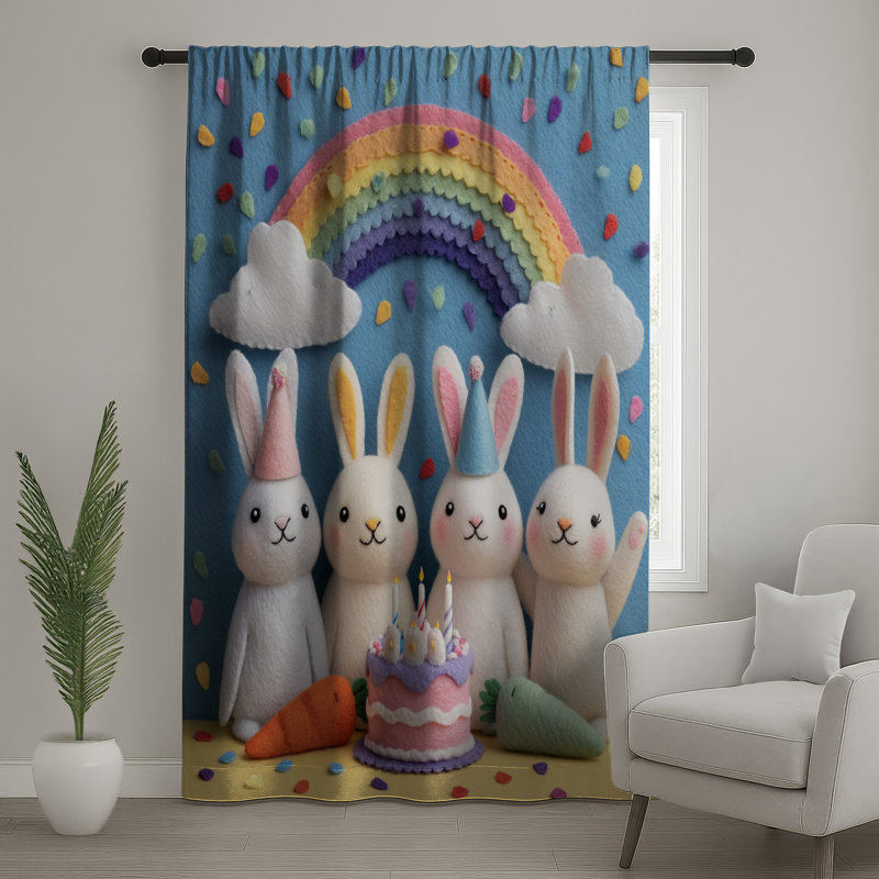 Felt Bunny Birthday Party Window Curtains, Bunny Sheer & Blockout Curtains - 1 Panel, Sheer, 50" x 80" - 1 Panel
