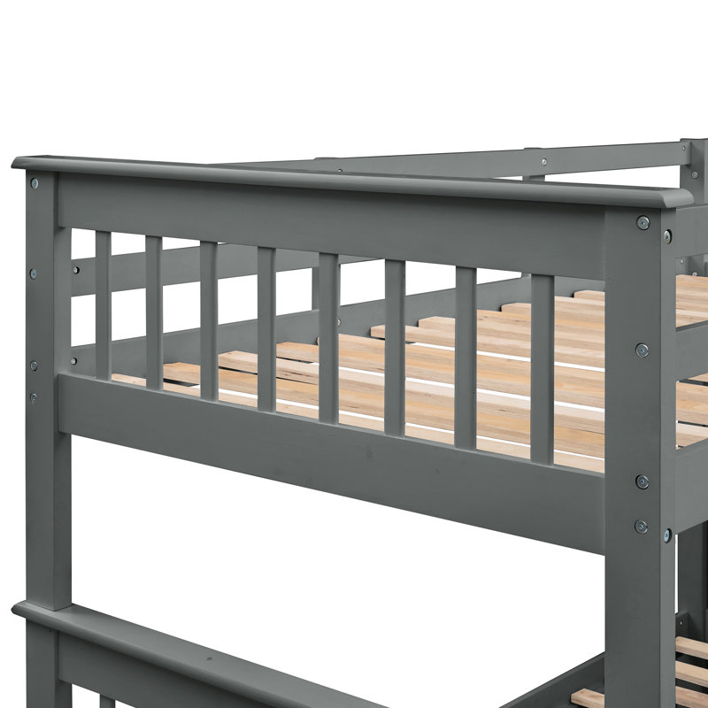Lit superposé simple avec escalier gris, rangement et garde-corps pour la chambre à coucher - stable, bon compartiment de rangement pour escalier, lit simple double, structure