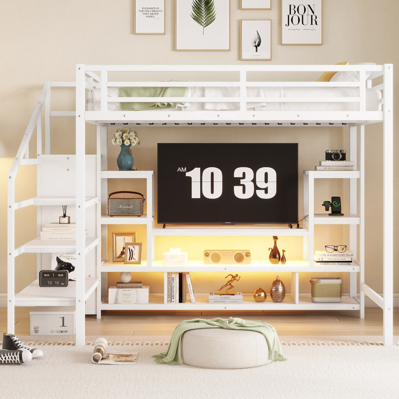 Lit mezzanine double en métal avec meuble télé et rangement Mielo, Blanc