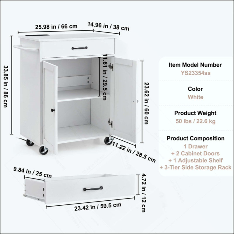 Kitchen Island Cart Rolling Storage Cabinet On Wheel With Charging Station