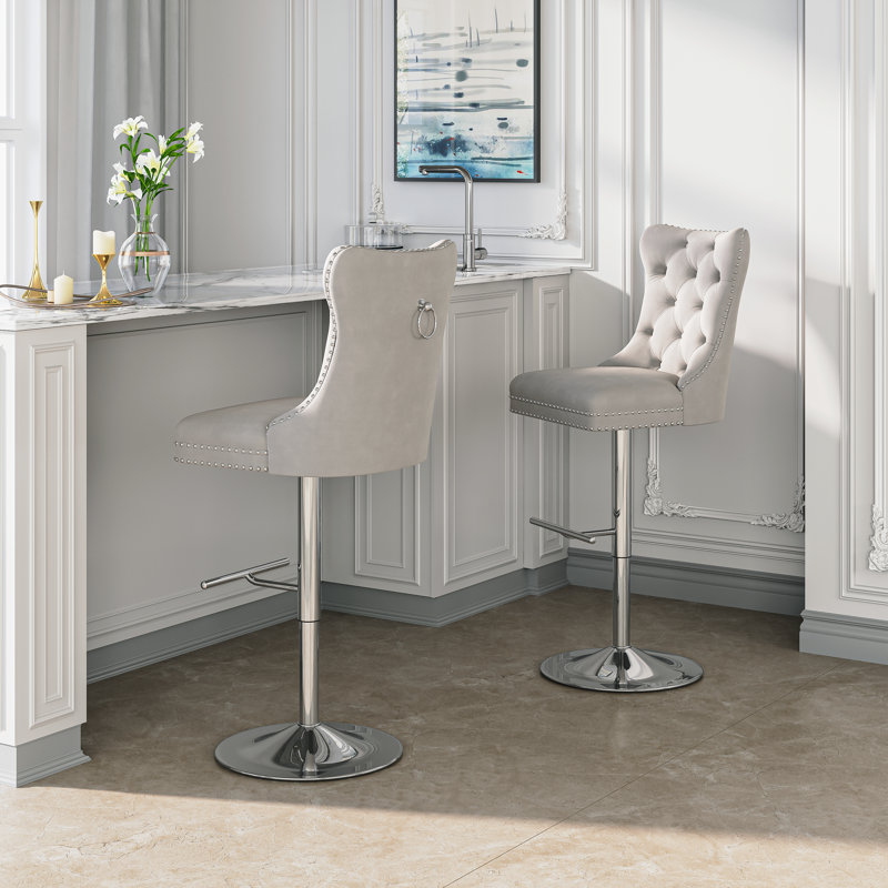 Modern Velvet Adjustable Swivel Counter Height Stools With Tufted Back Dining Chairs, White Seat/ Silver Frame