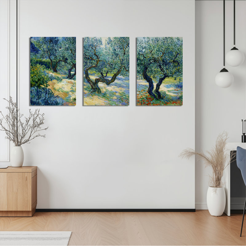 Tableau sur toile tendue représentant une oliveraie, décor paysager de style impressionniste (ensemble de 3)