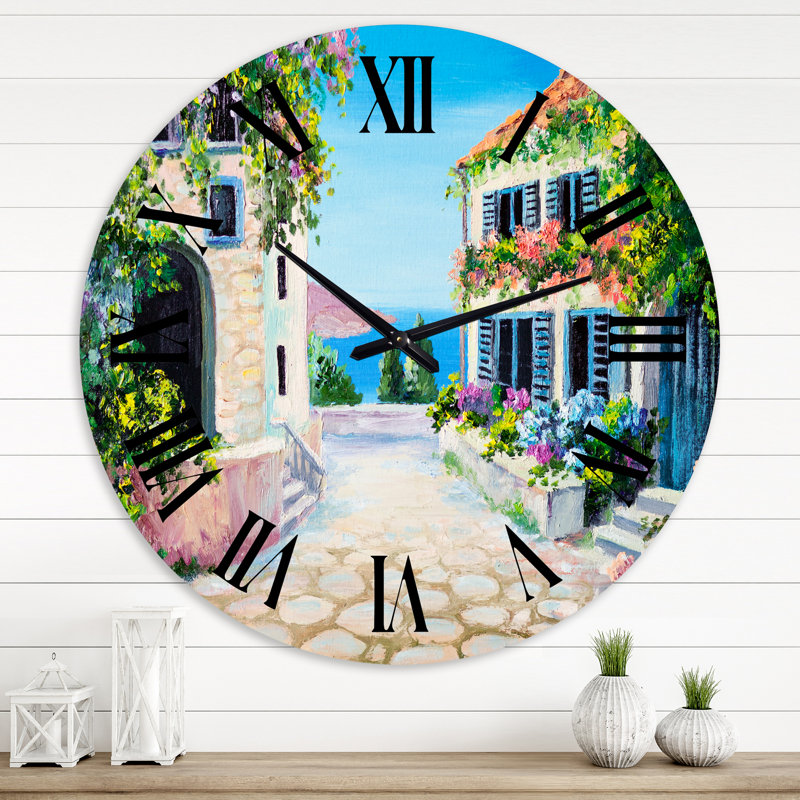 Horloge murale nautique et côtière, maisons blanches avec fleurs en fleurs près de la mer, Surdimensionné