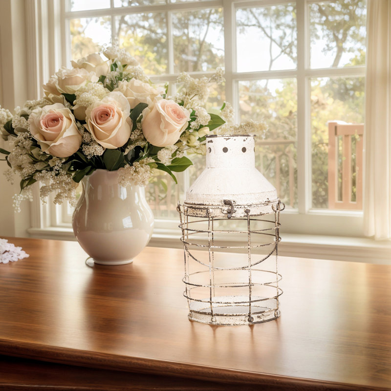 Rustic Vintage Metal Lantern Featuring A Weathered White Cage — Ideal For Antique-style Home And Garden Decor.