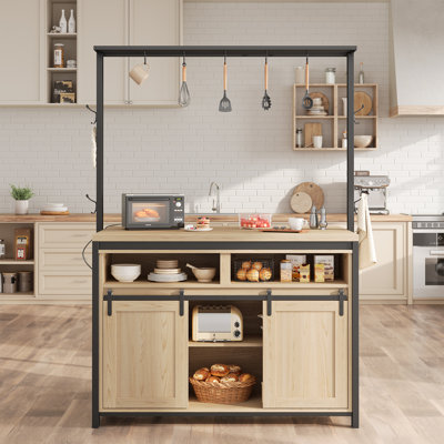 42 in Kitchen Island with Power Outlet & Butcher Block Top - Rustic Mobile Coffee Bar Station with Sliding Barn Doors