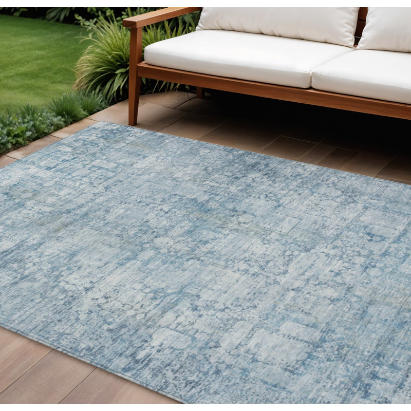 Tapis intérieur lavable abstrait bleu et ivoire 9 pi x 12 pi