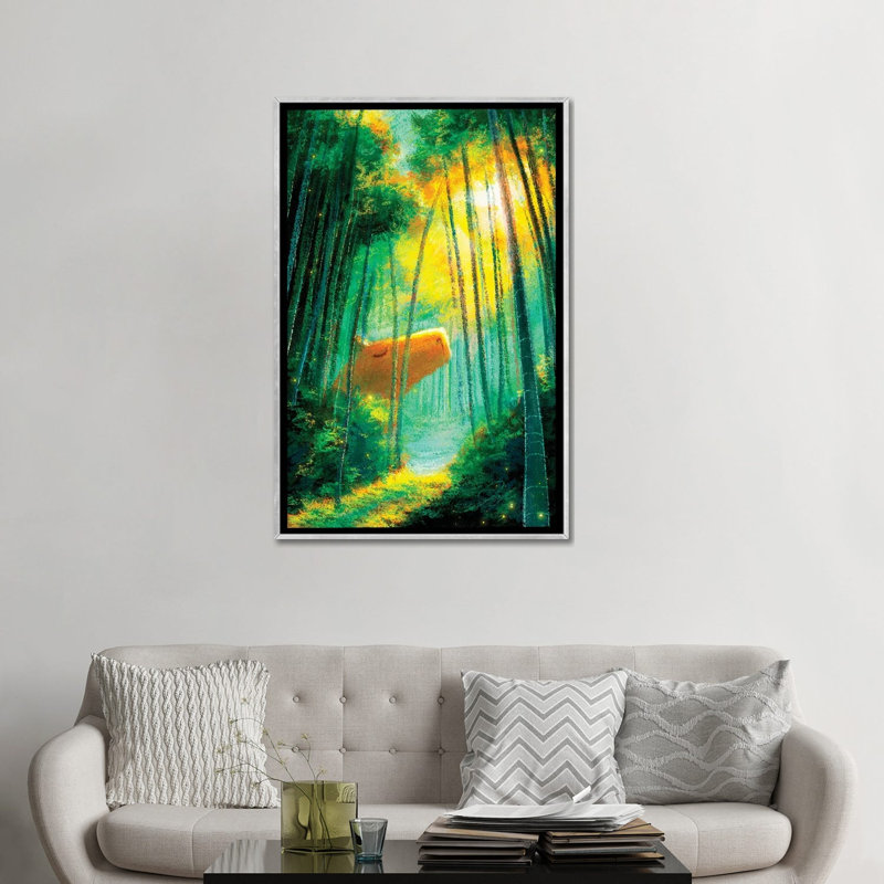 Capybara dans la forêt de bambous - reproduction d'art murale - toile encadrée, 48 po x 32 po, Toile avec cadre, Argent